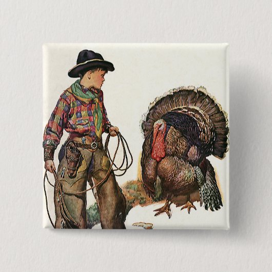 ヴィンテージ感謝祭、カウボーイがトルコをキャッチ 缶バッジ (正面)