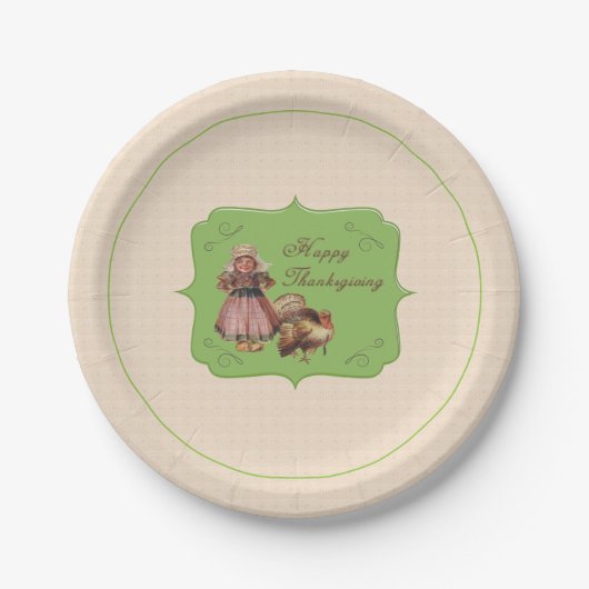 ヴィンテージ感謝祭，トルコ，ピルグリムガール ペーパープレート (正面)