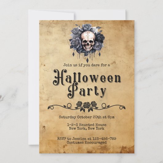 ヴィンテージ成人ハローウィンパーティフローラスカル 招待状 (正面)