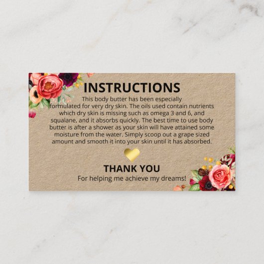 ヴィンテージ手作りのスパ具の説明 名刺 (裏面)