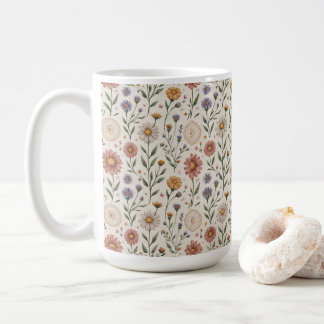 ヴィンテージ手描きの野の花パッチワークシームレス コーヒーマグカップ