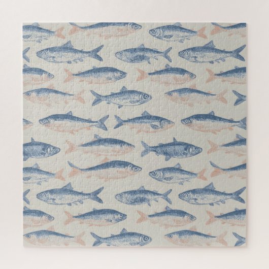 ヴィンテージ手描きの魚のシームレスパターン ジグソーパズル (縦)