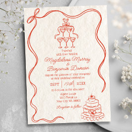 ヴィンテージ手描きオレンジレトロリボン結婚ボウ 招待状