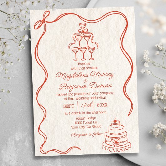 ヴィンテージ手描きオレンジレトロリボン結婚ボウ 招待状