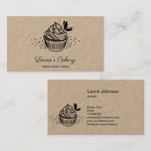 ヴィンテージ手描きカップケーキベーカリー 名刺 (正面/裏面)