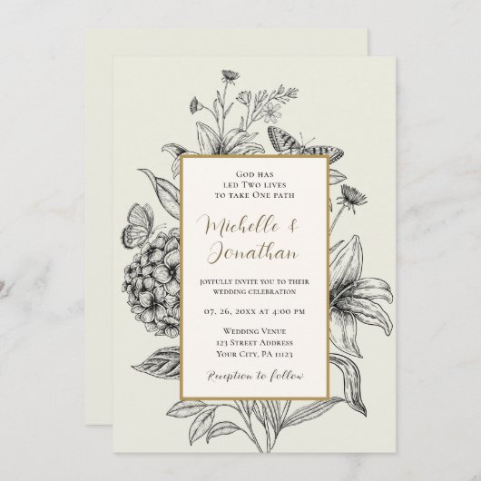 ヴィンテージ手描きシンプルフローラクリスチャン結婚ズ 招待状 (正面/裏面)