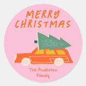 ヴィンテージ手描きピンクレッドカーツリーのクリスマス ラウンドシール (正面)