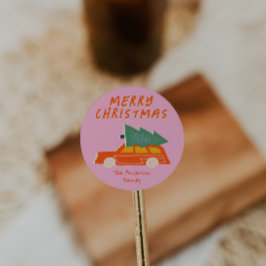 ヴィンテージ手描きピンクレッドカーツリーのクリスマス ラウンドシール