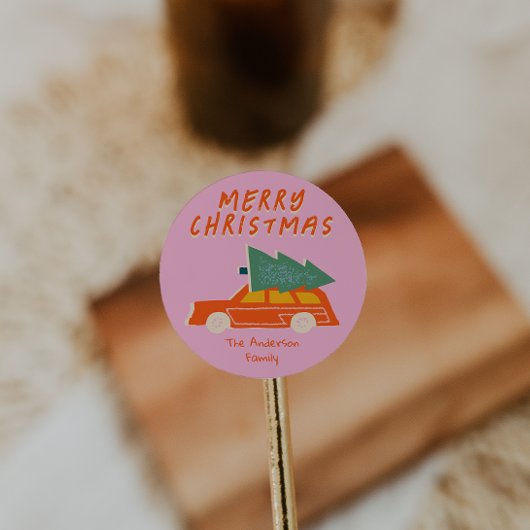 ヴィンテージ手描きピンクレッドカーツリーのクリスマス ラウンドシール