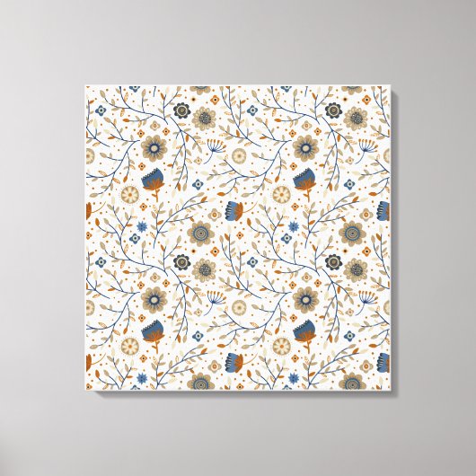 ヴィンテージ手描き花の模様（青、オレンジ） キャンバスプリント (正面)