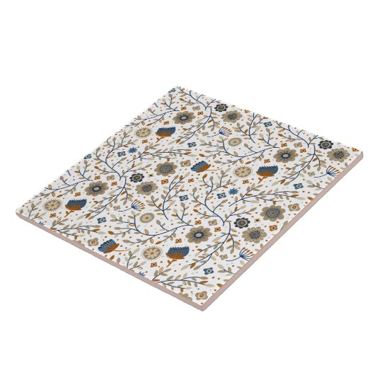 ヴィンテージ手描き花の模様(青、オレンジ) タイル (側面)