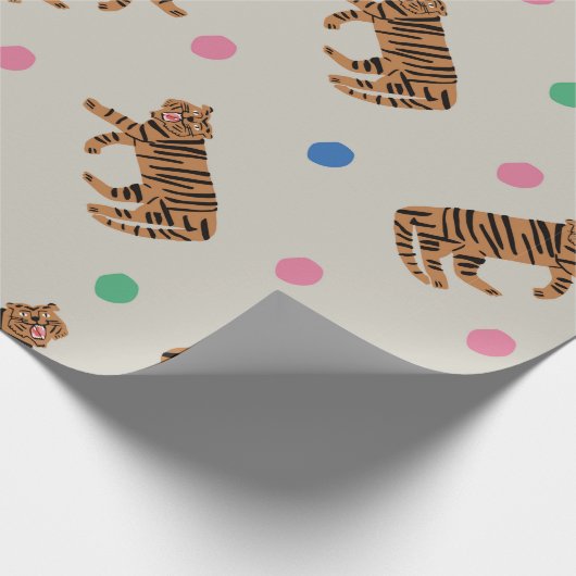 ヴィンテージ手描き虎とカラフル水玉模様i ラッピングペーパー (角)