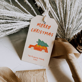 ヴィンテージ手描き赤い車の木のクリスマスファンキー ギフトタグ