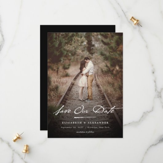 ヴィンテージ手書きスクリプシンプルトと写エレガント真 セーブザデート (正面/裏面インサイチュ)