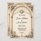 ヴィンテージ手書きバラ結婚式招待状 招待状 (正面/裏面)