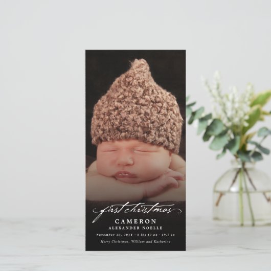ヴィンテージ手書きベビーの初めてのクリスマス写真 シーズンカード (スタンド正面)