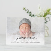 ヴィンテージ手書きベビーの最初のクリスマスフォト シーズンカード (スタンド正面)