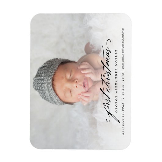 ヴィンテージ手書きベビーの最初のクリスマスフォト マグネット (縦)