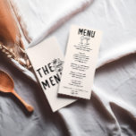 ヴィンテージ手書きレトロ予測できなユニーク結婚の メニュー<br><div class="desc">カラフルファンキーレトロモダンな白黒のディナ結婚ーメニュー。クリーミーな乳白色の背景と黒い手のタイポグラフィのシックなテンプレートデザインを特徴とす書る。正面に手描きシャンパンとワイングラス、背面に手描き食品。スイート全体と完全で一致。</div>