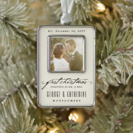 ヴィンテージ手書き初めてのクリスマス結婚写真 シルバープレートフレームオーナメント