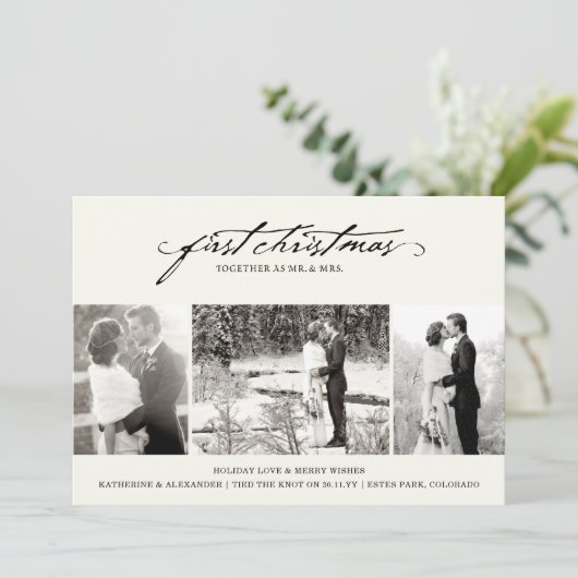 ヴィンテージ手書き初めてのクリスマス結婚写真 シーズンカード (スタンド正面)
