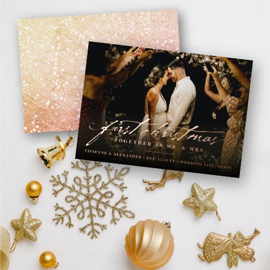 ヴィンテージ手書き初めてのクリスマス結婚写真 箔シーズンカード