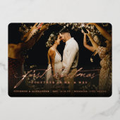 ヴィンテージ手書き初めてのクリスマス結婚写真 箔シーズンカード (正面)