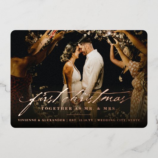 ヴィンテージ手書き初めてのクリスマス結婚写真 箔シーズンカード (正面)
