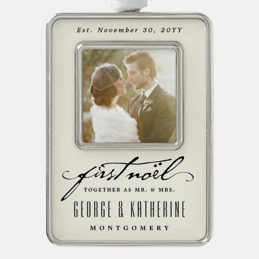 ヴィンテージ手書き最初のNoel写真結婚の シルバープレートフレームオーナメント (正面)