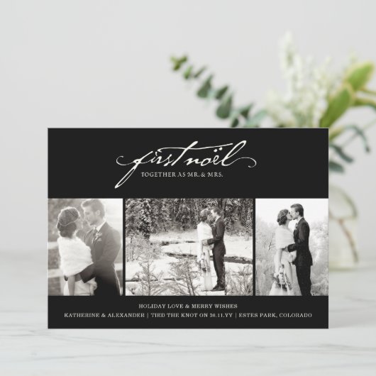 ヴィンテージ手書き最初のNoel 3フォト結婚ズ シーズンカード (スタンド正面)