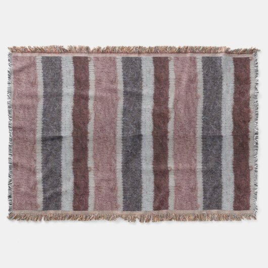 ヴィンテージ手編み茶色とビージュストライプ色 スローブランケット (正面)