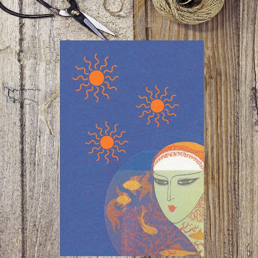 ヴィンテージ抽象芸術の後ろの金ゴールド魚鉢の日 薄葉紙