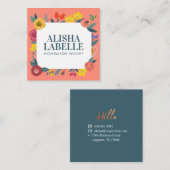 ヴィンテージ抽象芸術の花の葉とハチのパターン スクエア名刺 (正面/裏面)