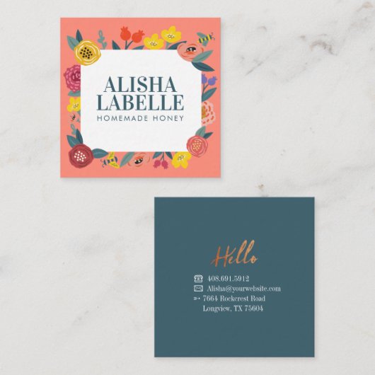 ヴィンテージ抽象芸術の花の葉とハチのパターン スクエア名刺 (正面/裏面)