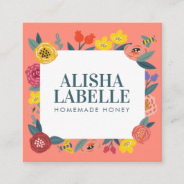 ヴィンテージ抽象芸術の花の葉とハチのパターン スクエア名刺