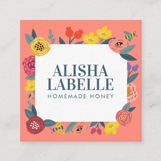 ヴィンテージ抽象芸術の花の葉とハチのパターン スクエア名刺 (正面)