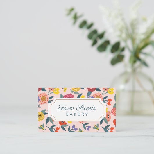 ヴィンテージ抽象芸術の花の葉とハチのパターン 名刺 (スタンド正面)