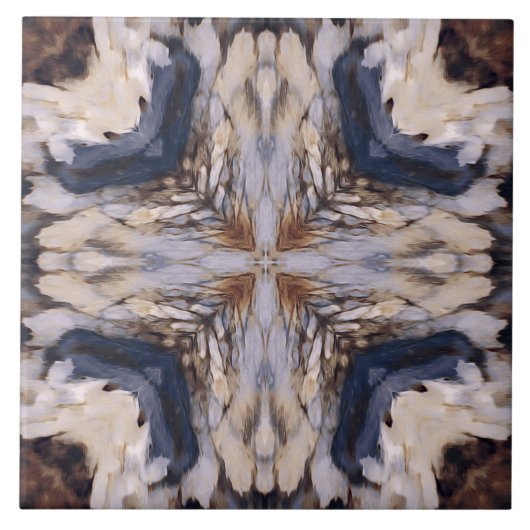 ヴィンテージ抽象芸術パターン(白、ベージュ、青) タイル (正面)