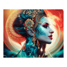 ヴィンテージ抽象芸術美しいティール（緑がかった色）赤い金ゴールド女性1