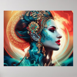 ヴィンテージ抽象芸術美しいティール（緑がかった色）赤い金ゴールド女性1 ポスター