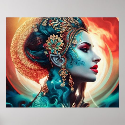 ヴィンテージ抽象芸術美しいティール(緑がかった色)赤い金ゴールド女性1 ポスター (正面)