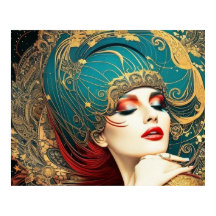 ヴィンテージ抽象芸術美しいティール（緑がかった色）赤い金ゴールド女7