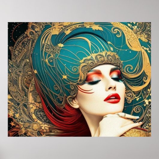 ヴィンテージ抽象芸術美しいティール（緑がかった色）赤い金ゴールド女7 ポスター (正面)