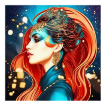 ヴィンテージ抽象芸術美しいティール（緑がかった色）金ゴールド赤い女性3