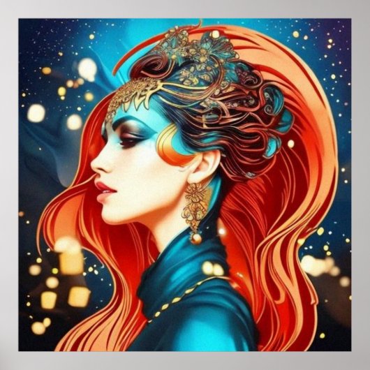 ヴィンテージ抽象芸術美しいティール(緑がかった色)金ゴールド赤い女性3 ポスター (正面)