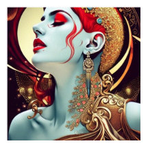 ヴィンテージ抽象芸術美しいティール（緑がかった色）金ゴールド赤い女性