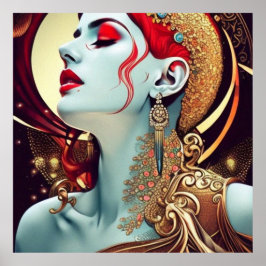 ヴィンテージ抽象芸術美しいティール（緑がかった色）金ゴールド赤い女性 ポスター