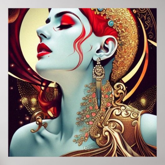 ヴィンテージ抽象芸術美しいティール(緑がかった色)金ゴールド赤い女性 ポスター (正面)