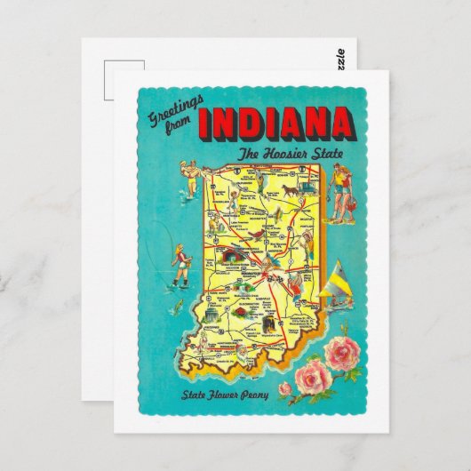ヴィンテージ挨拶インディアナ地図はがき ポストカード (正面/裏面)