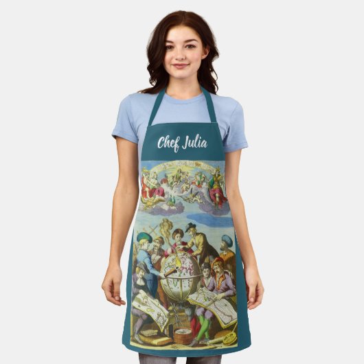 ヴィンテージ探検家とアンティークグローブマップ, 1542 エプロン (着用した状態)